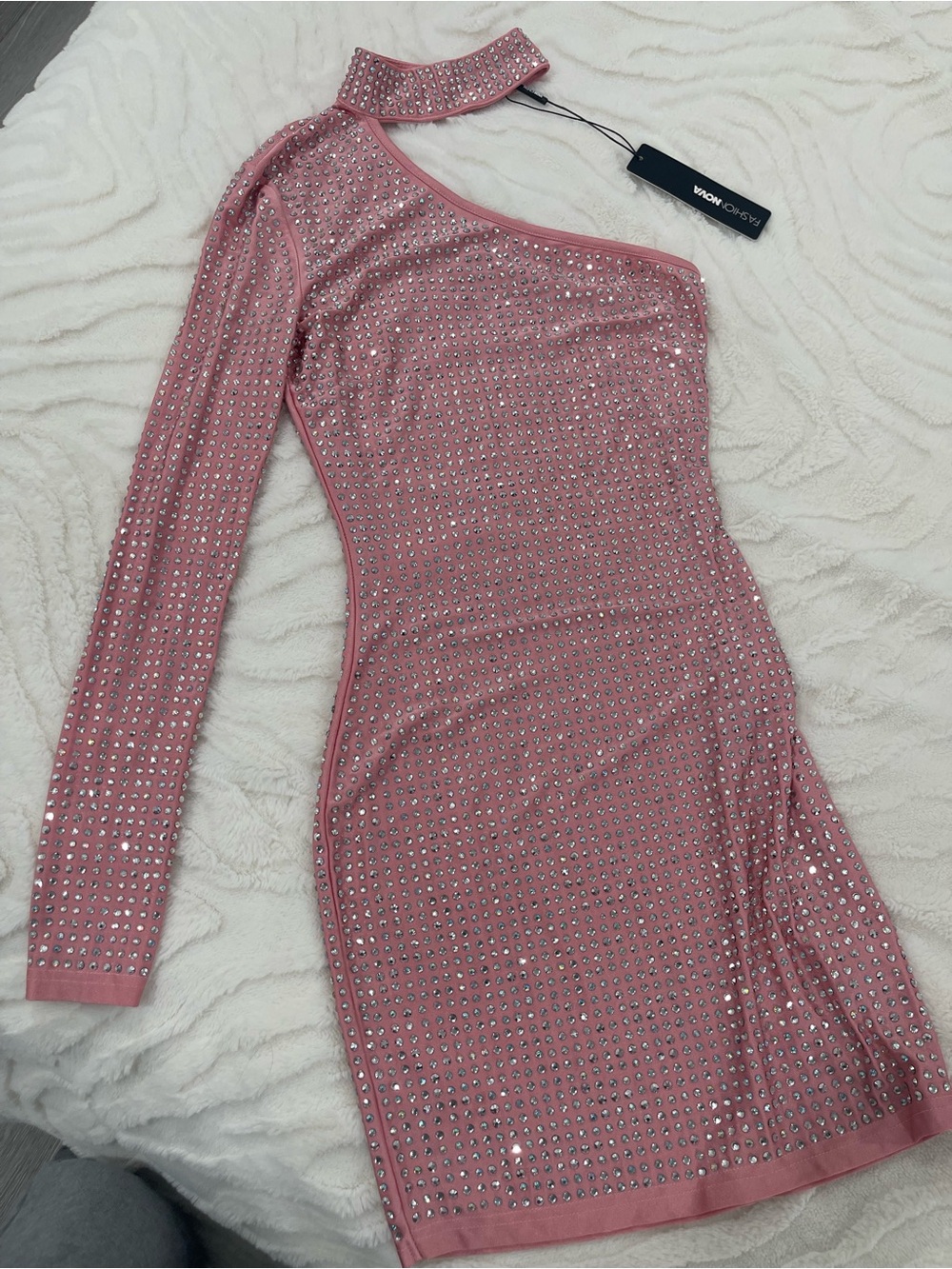 Bling Like My Ring Rhinestone Mini Dress Fashion Nova Pink One-Shoulder